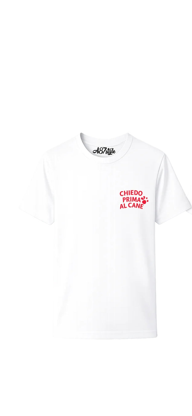 t-shirt CHIEDO PRIMA AL CANE logo